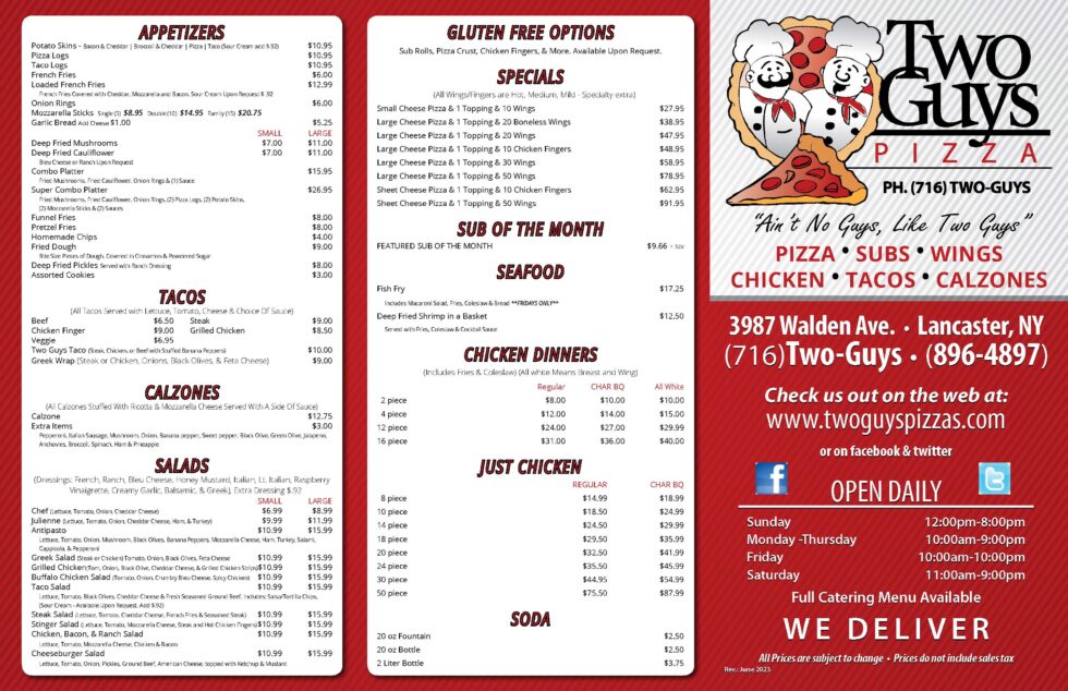Menus Two Guys Pizza Lancaster, NY